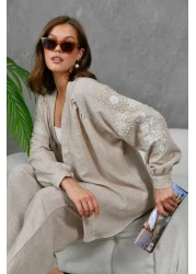 Miss Allos طقم كيمونو نسائي جاكيت وسروال من الكتان بتفاصيل مطرزة