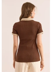 Olalook Women's Brown Beige Polo Neck Color Detailed Stretchy Cotton Blouse Blz- 19002920