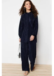  Modest Navy Blue Pleated Knitted Top and Bottom Set TCTSS24US00040