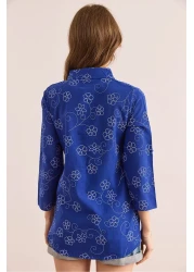 Olalook قميص كتان نسائي من Ivy Saks بأكمام زرقاء GML- 19000825