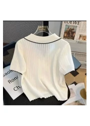 Elysira تي شيرت نسائي منسوج أساسي مطرز بياقة الطفل