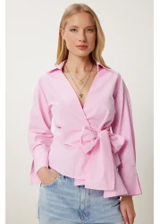 Lovelyİstanbul بلوزة بياقة قميص ملفوفة من البوبلين باللون الوردي LDP0046