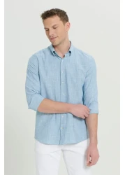 AC&Co / Altınyıldız Classics Men's Green 100% Cotton Slim Fit Slim Fit Hidden Button Collar Linen Look Flame Shirt