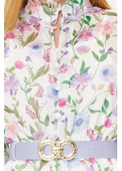  Modest Blue Belted Lined Chiffon Floral Woven Dress TCTSS24EB00024