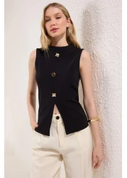  Collection Black Accessory Buttoned Crew Neck Regular Boy Vest Knitted Blouse Twoss25Bz00558