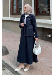 lamelif Pocket Detailed Double Skirt Hijab Suit Navy Blue