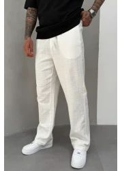 MADZEYMODA بنطلون كتان رجالي أبيض فضفاض KE-7014
