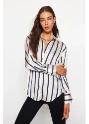  Collection Ecru Satin Oversize Shirt - Wide Fit, Striped TWOAW24GO00016