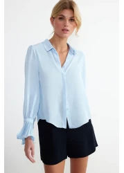  Collection قميص منسوج أزرق فاتح بأكمام إسبانية - مقاس عادي TWOAW22GO0487