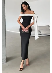  Collection Black-And-White Body-Fitting Shoulder Bow Detail Knitted Stylish Evening Dress Night Graduation Dress Tprss25El00293