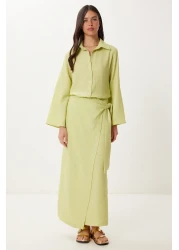 Happiness İstanbul Women's Pistachio Green Linen Shirt Skirt Suit Fn03475