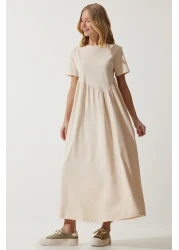 Happiness İstanbul Women's Vanilla Gathered Long Knitted Dress MC00272