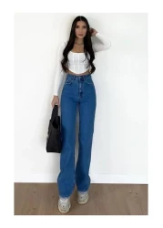 kotmodası بنطال جينز كريستيان 90's بالازو باللون الأزرق المتوسط فضفاض الساق عالي الخصر