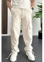 Edwox Men's Cargo Pocket Adjustable Leg Baggy Trousers Cream Edw355