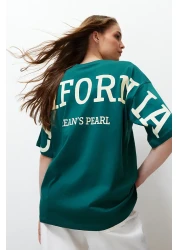  Collection Emerald Green 100% Cotton Back Slogan Printed Oversize/Wide Fit Knitted T-Shirt TWOSS24TS00091