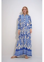 Trend Alaçatı Stili Women's Blue Magnifying Collar Buttoned Skirt Flounced Patterned Maxiboy Dress ALC-X12037