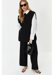  Modest Black Linen Look Side Tie Woven Bottom Top Set TCTSS24US0001