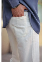 1blood بنطلون رجالي صيفي مريح من مزيج الكتان باللون الأبيض - أبيض