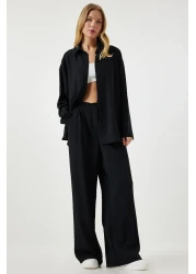 Happiness İstanbul Women's Black Seasonal Woven Shirt Palazzo Trousers Set RV00174