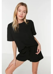  Collection Black Waffle Fabric Knitted Pajamas Set with Shorts Thmss22Pt0524