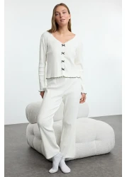  Collection White Cotton Lace and Ribbon/Bow Detail Ribbed Knitted Pajamas Set Thmaw25Pt00206