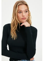  Collection Black Fitted High Collar Long Sleeve Ribbed Stretchy Knitted Blouse TWOAW21BZ0423