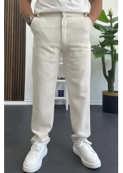 Edwox بنطال كتان بقصة عادية للرجال باللون الأبيض الفاتح Edw386