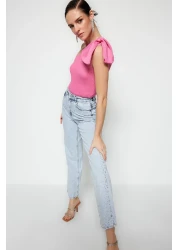  Collection Pink Single Sleeve Bow Detailed Knitwear Blouse Tprss22Bz0166