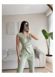 Zoom Butik Buckled Double-Breasted pants set - green