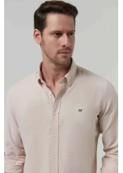 D'S Damat قميص أكسفورد قطني بيج بقصة ضيقة - سهل الكي وياقة بأزرار وتفاصيل مطرزة