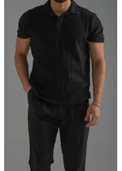 Tarz Cool تي شيرت بولو بياقة مطرزة باللون الأسود للرجال