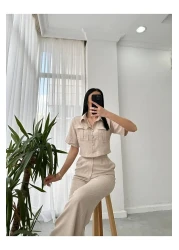 butik derin Cotas Linen Shirt Jacket Trousers Women's Set Stone