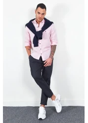 Manche قميص رجالي - كم طويل وردي، كتان من القش، Me22s111498-1498