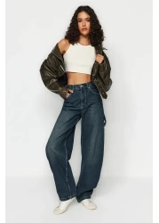  Collection جينز كاربنتر باللون الأزرق الداكن عالي الخصر - قصة فضفاضة مع تأثير الغسيل TWOAW24JE00308