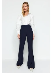  Collection Navy Blue Spanish Leg Flare Woven Fabric Trousers Tofaw19Bb0581