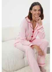  Collection Pink Heart Embroidered Bias Tape Viscose Woven Pajama Set Thmaw25Pt00179