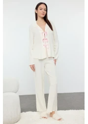  Collection Viscose Pajama Set - Ecru Ribbon, Bow and Piping Detail Thmaw25pt00032