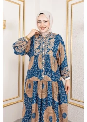 Tesettür Dünyası فستان فيسكوز منقوش بالورق TSD250191 نيلي