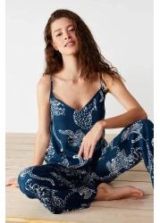  Collection Navy Blue Tiger Patterned Rope Strap Viscose Woven Pajamas Set Thmss24Pt00127