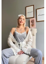 Pijamaevi Cream Gray Star Patterned Bamboo Dressing Gown Women's Pajama Set