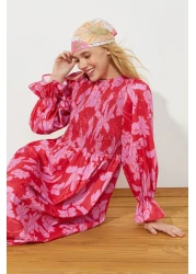  Modest Red Floral Printed Plus Size Elastic Woven Dress TCTSS24EB00109