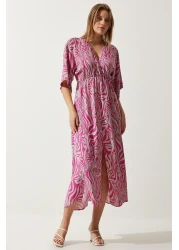 Happiness İstanbul فستان فيسكوز صيفي منقوش بياقة ملفوفة باللون الوردي والرمادي للنساء DK00166