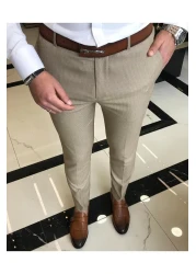 TerziAdemAltun Italian Cut Slim Fit Men's Striped Trousers Camel T9450