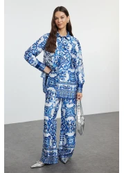  Modest Satin Woven Blue Patterned Top and Bottom Set - TCTAW25US00081