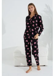 Siyah İnci black and pink heart patterned cotton button-down pajama set
