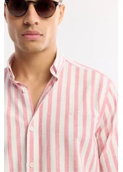 Avva Men's Red Comfort Fit 100% Cotton Button Collar Linen Textured Striped Shirt A51Y2167