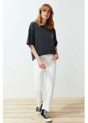  Collection Anthracite Front and Back Printed Oversize/Wide Fit Crew Neck Knitted T-Shirt TWOSS24TS00119