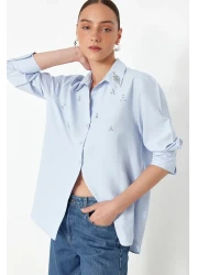  Collection قميص منسوج بتفاصيل حجر أزرق فاتح - مقاس عادي TWOSS24GO00069