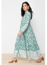  Modest Blue Ethnic Patterned Prevailing Collar Linen Look Woven Shirt Dress TCTSS23EB00286