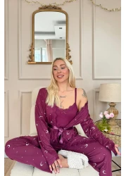 Pijamaevi Plum Moon Star Patterned Bamboo Dressing Gown Women's Pajamas Set